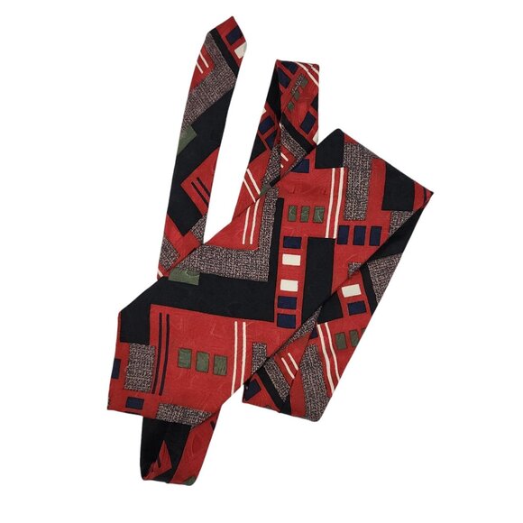 Bugatti Geometric Pattern Red & Black 100% Italian Silk Tie - Picture 3 of 6